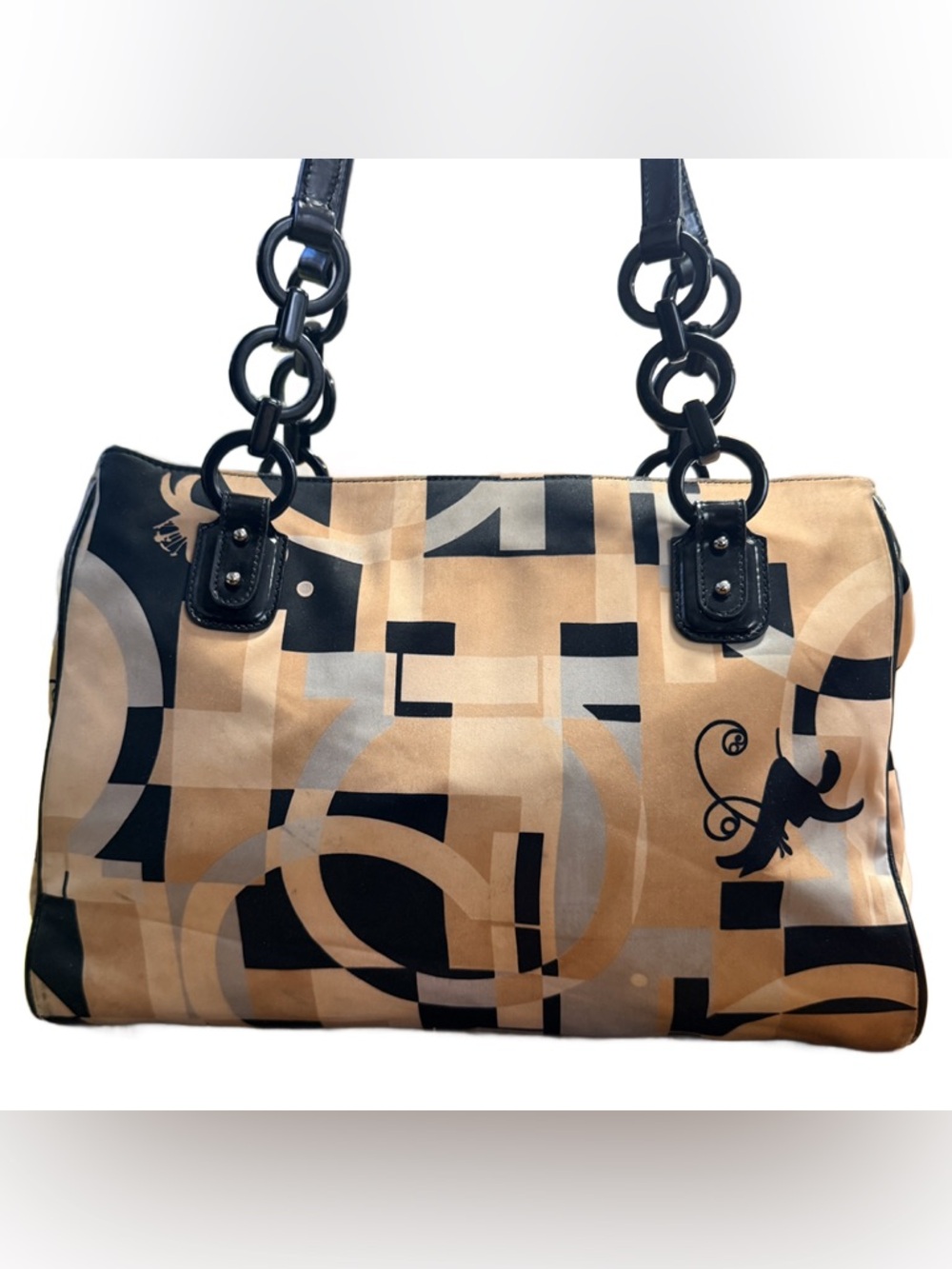 Salvatore Ferragamo Beige Black Gray Patterned Satin Shoulder Bag
